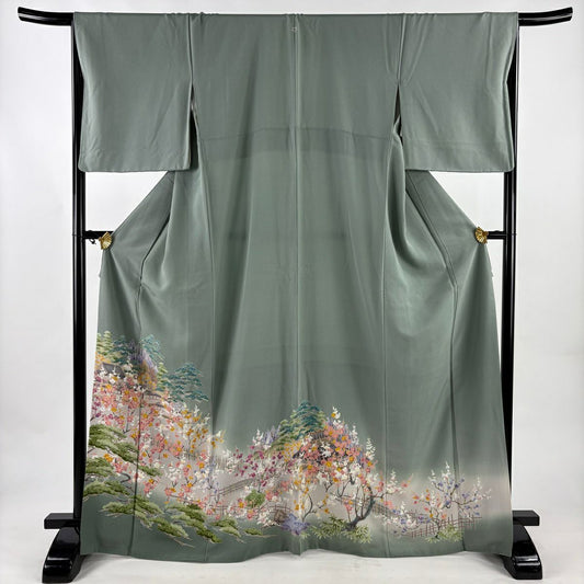 留袖禮服禮服 身長167cm 袖長66cm M 雙層 一個紋 風景 建物 染分 灰綠 純蠶絲 優品級