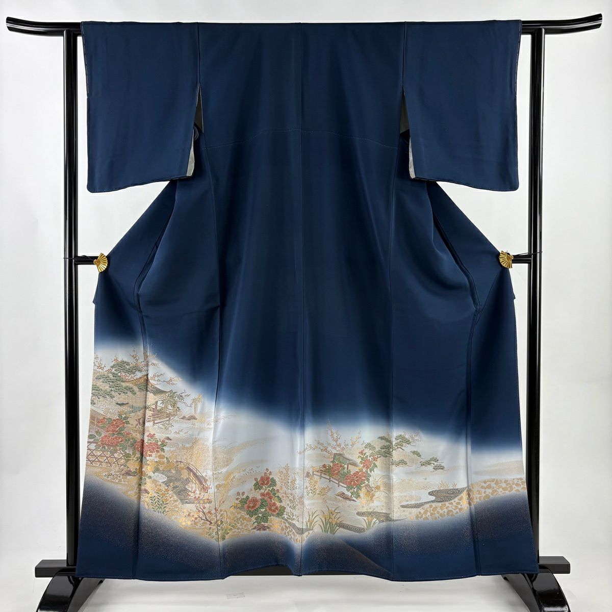 色留袖禮服 身長158.5cm 袖長62cm S 雙層 風景 建物 金金箔 漸層 深藍 純蠶絲 秀品級