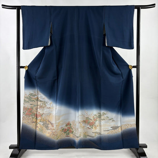 色留袖禮服 身長158.5cm 袖長62cm S 雙層 風景 建物 金金箔 漸層 深藍 純蠶絲 秀品級