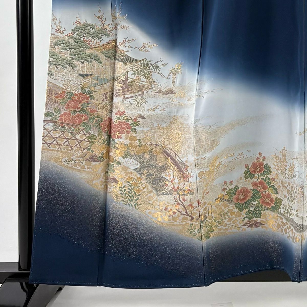 色留袖禮服 身長158.5cm 袖長62cm S 雙層 風景 建物 金金箔 漸層 深藍 純蠶絲 秀品級