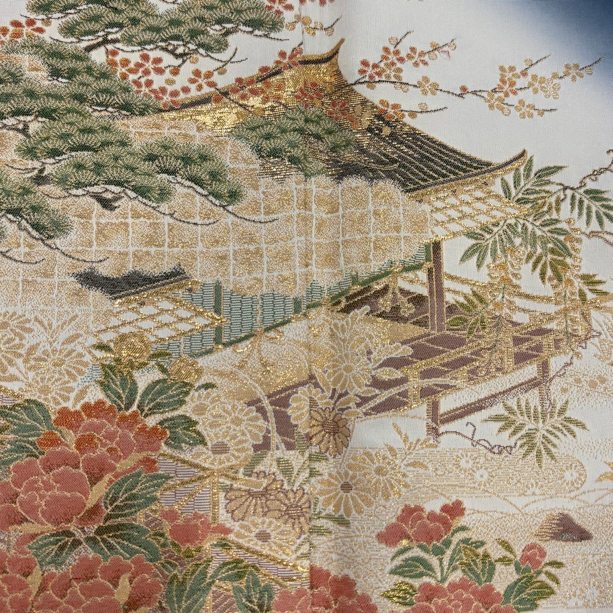 色留袖禮服 身長158.5cm 袖長62cm S 雙層 風景 建物 金金箔 漸層 深藍 純蠶絲 秀品級