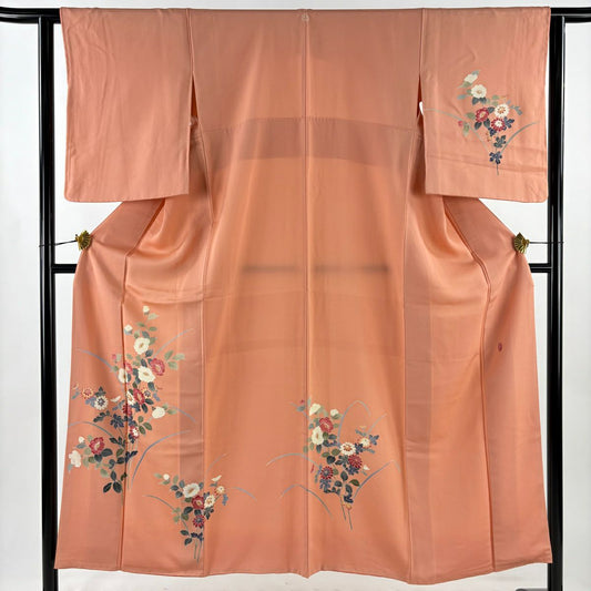 付下 身長152.5cm 袖長63cm S 雙層 南克治 落款 草花紋紋 菊花圖 桑桃紅 純蠶絲 秀品級 一つ紋