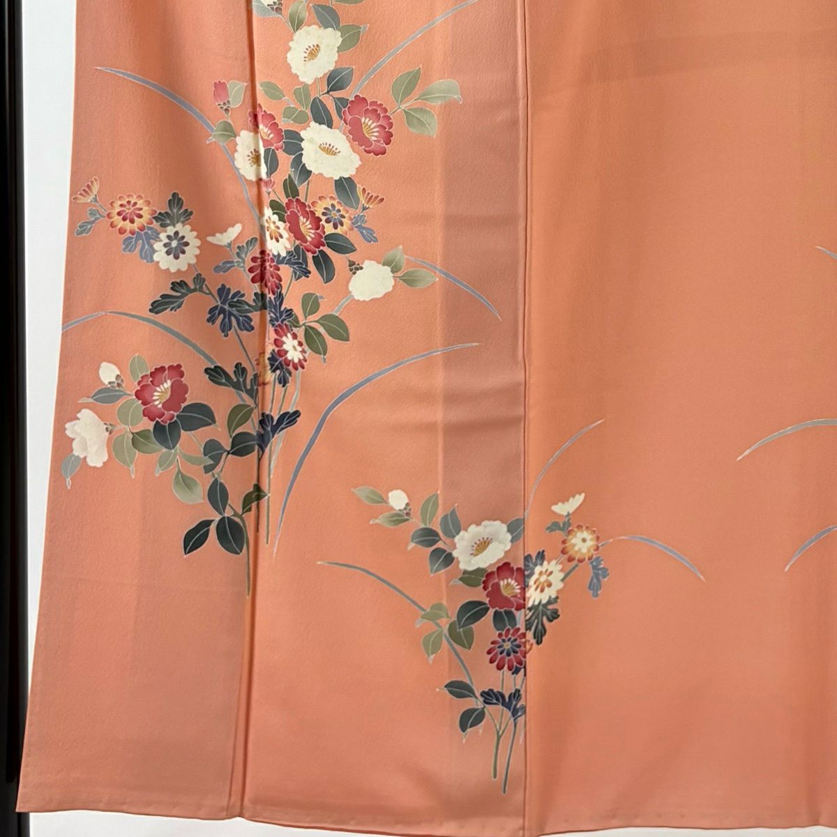 付下 身長152.5cm 袖長63cm S 雙層 南克治 落款 草花紋紋 菊花圖 桑桃紅 純蠶絲 秀品級 一つ紋