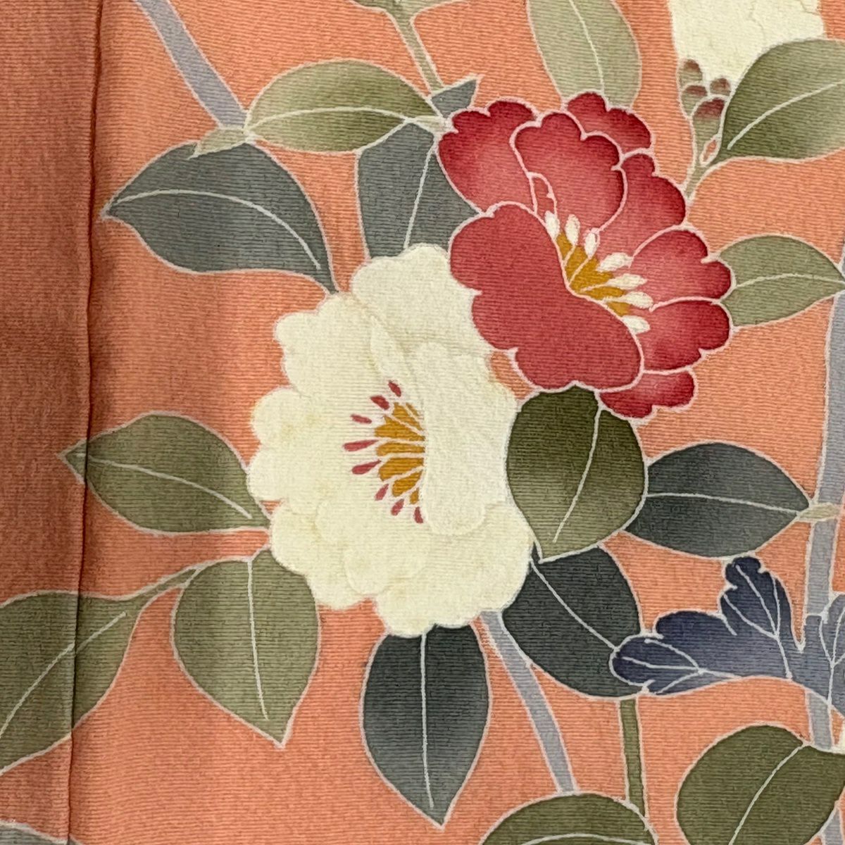 付下 身長152.5cm 袖長63cm S 雙層 南克治 落款 草花紋紋 菊花圖 桑桃紅 純蠶絲 秀品級 一つ紋