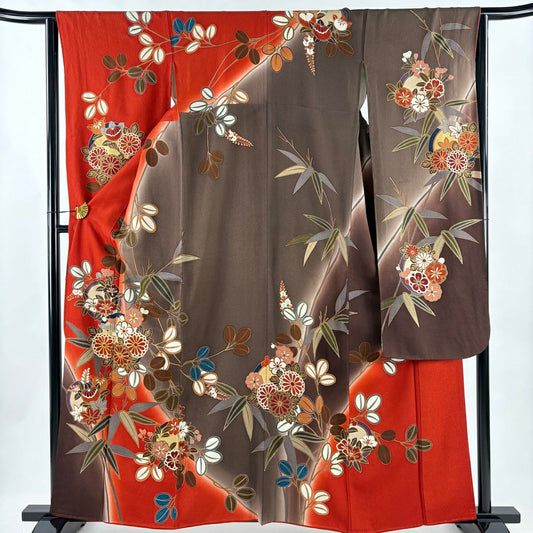 振袖禮服 身長161.5cm 袖長64cm M 雙層 菊花 花丸紋 金絲 金銀彩 朱 純蠶絲 秀品級