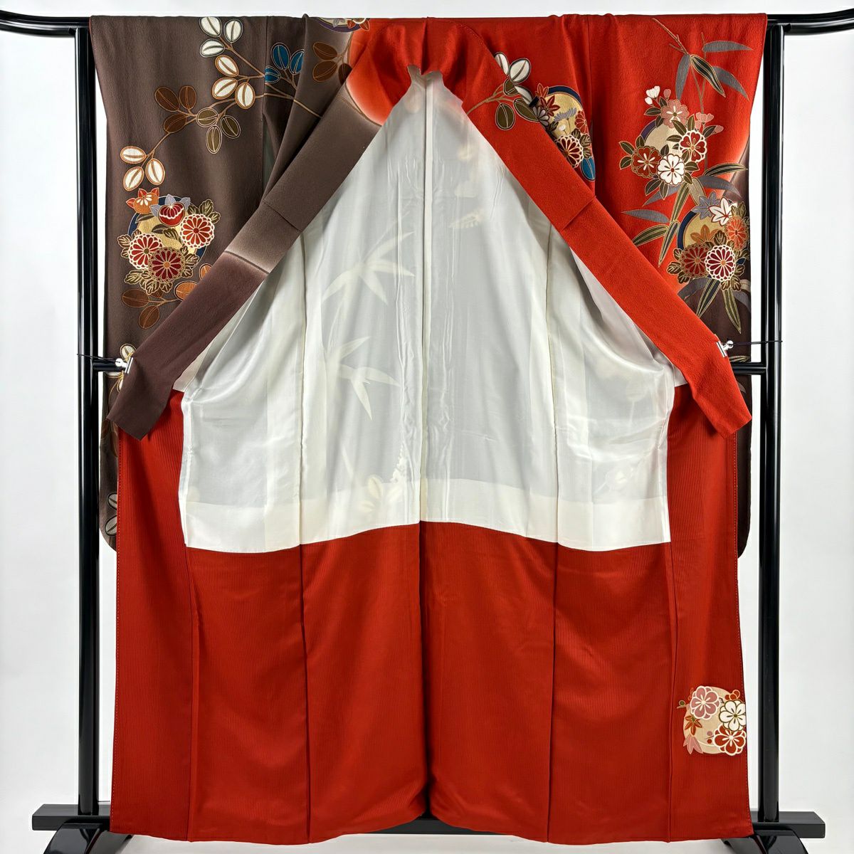 振袖禮服 身長161.5cm 袖長64cm M 雙層 菊花 花丸紋 金絲 金銀彩 朱 純蠶絲 秀品級