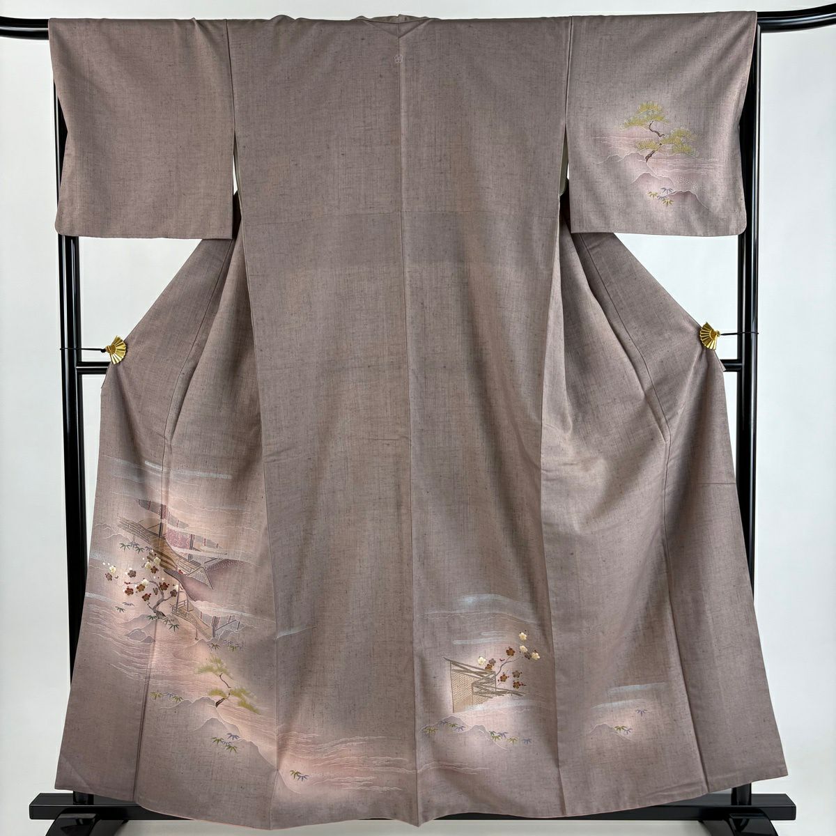 【美品】 付下 身長159cm 袖長66cm M 雙層 紬織織 建物 松樹竹子梅花 金銀彩 淺紫 純蠶絲 秀品級 一つ紋