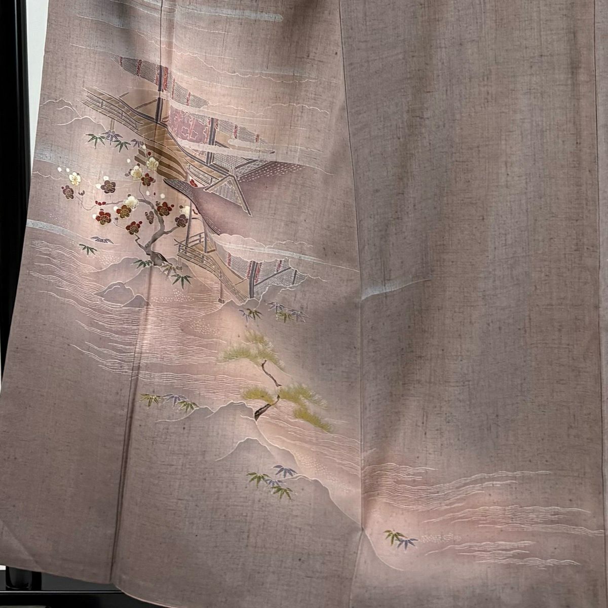 【美品】 付下 身長159cm 袖長66cm M 雙層 紬織織 建物 松樹竹子梅花 金銀彩 淺紫 純蠶絲 秀品級 一つ紋