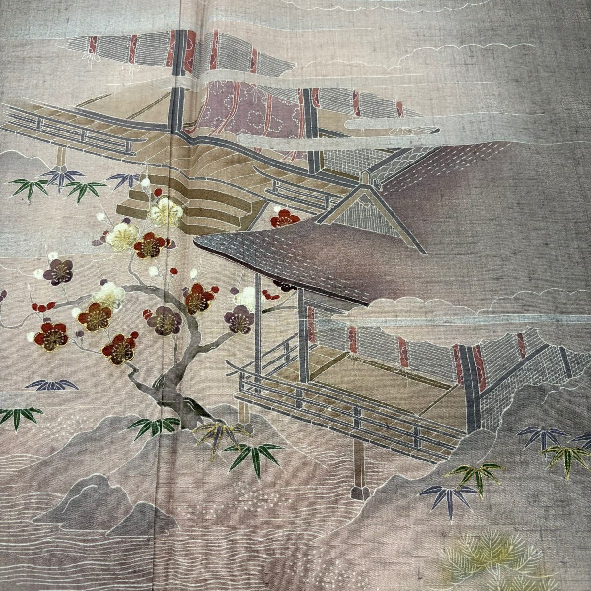 【美品】 付下 身長159cm 袖長66cm M 雙層 紬織織 建物 松樹竹子梅花 金銀彩 淺紫 純蠶絲 秀品級 一つ紋