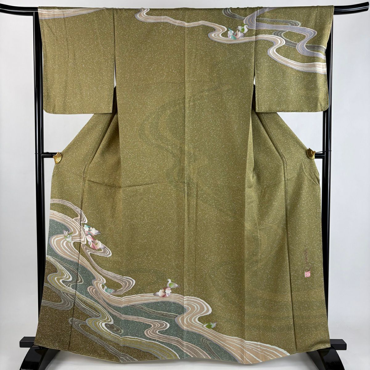 【美品】訪問服 身長163.5cm 袖長65.5cm M 雙層 中嶋正宏 落款 鴛鴦 流水 金銀彩 鶯 純蠶絲 秀品級