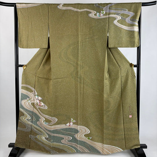 【美品】訪問服 身長163.5cm 袖長65.5cm M 雙層 中嶋正宏 落款 鴛鴦 流水 金銀彩 鶯 純蠶絲 秀品級