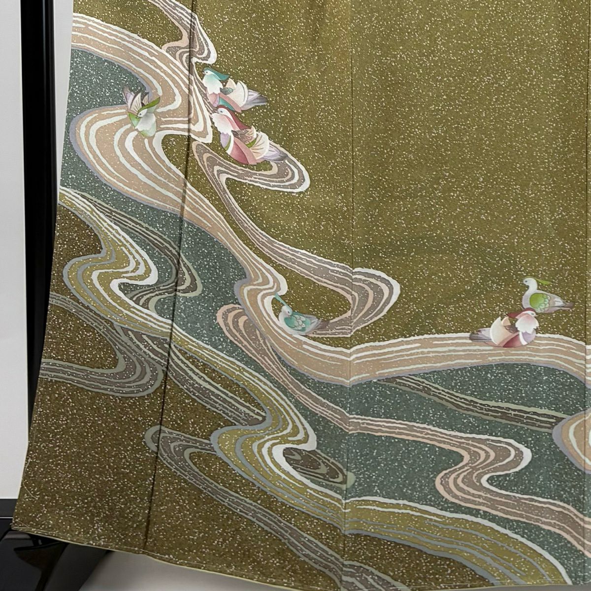 【美品】訪問服 身長163.5cm 袖長65.5cm M 雙層 中嶋正宏 落款 鴛鴦 流水 金銀彩 鶯 純蠶絲 秀品級
