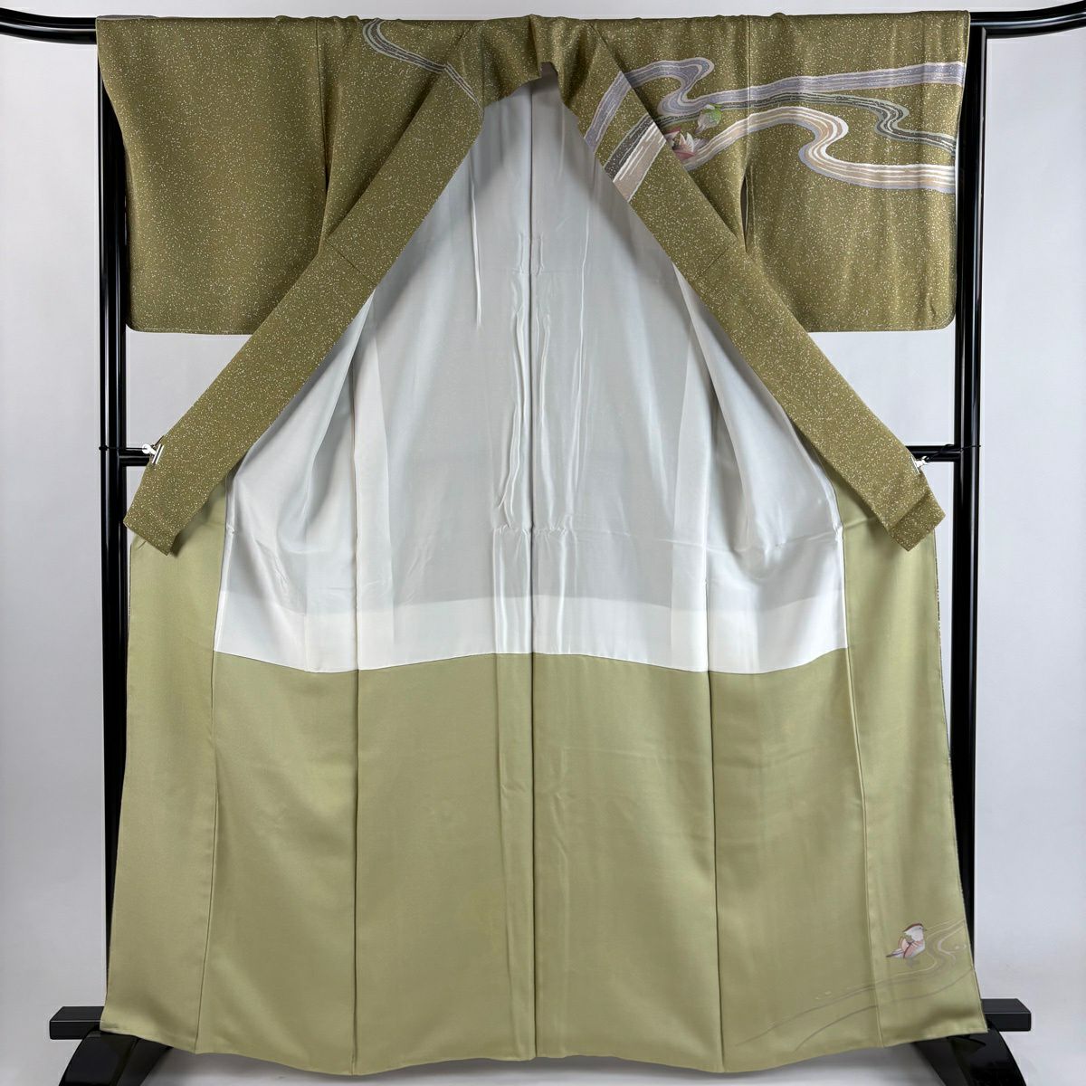 【美品】訪問服 身長163.5cm 袖長65.5cm M 雙層 中嶋正宏 落款 鴛鴦 流水 金銀彩 鶯 純蠶絲 秀品級