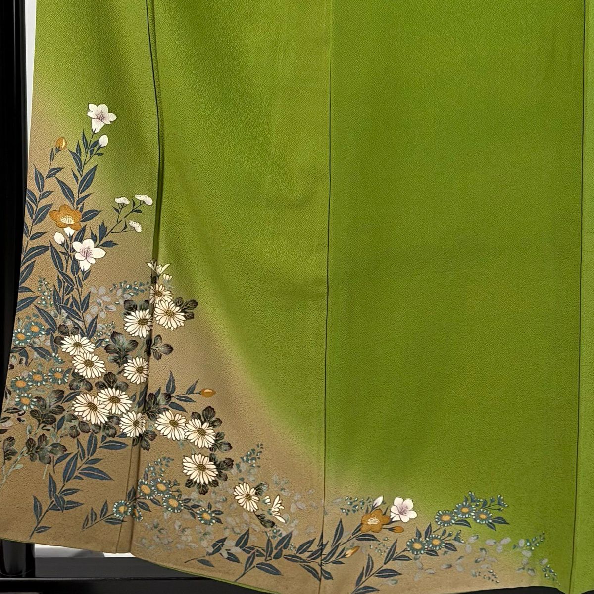 訪問服 身長158cm 袖長66cm M 雙層 草花紋紋 金彩裝飾 染分 夾綠色 純蠶絲 秀品級