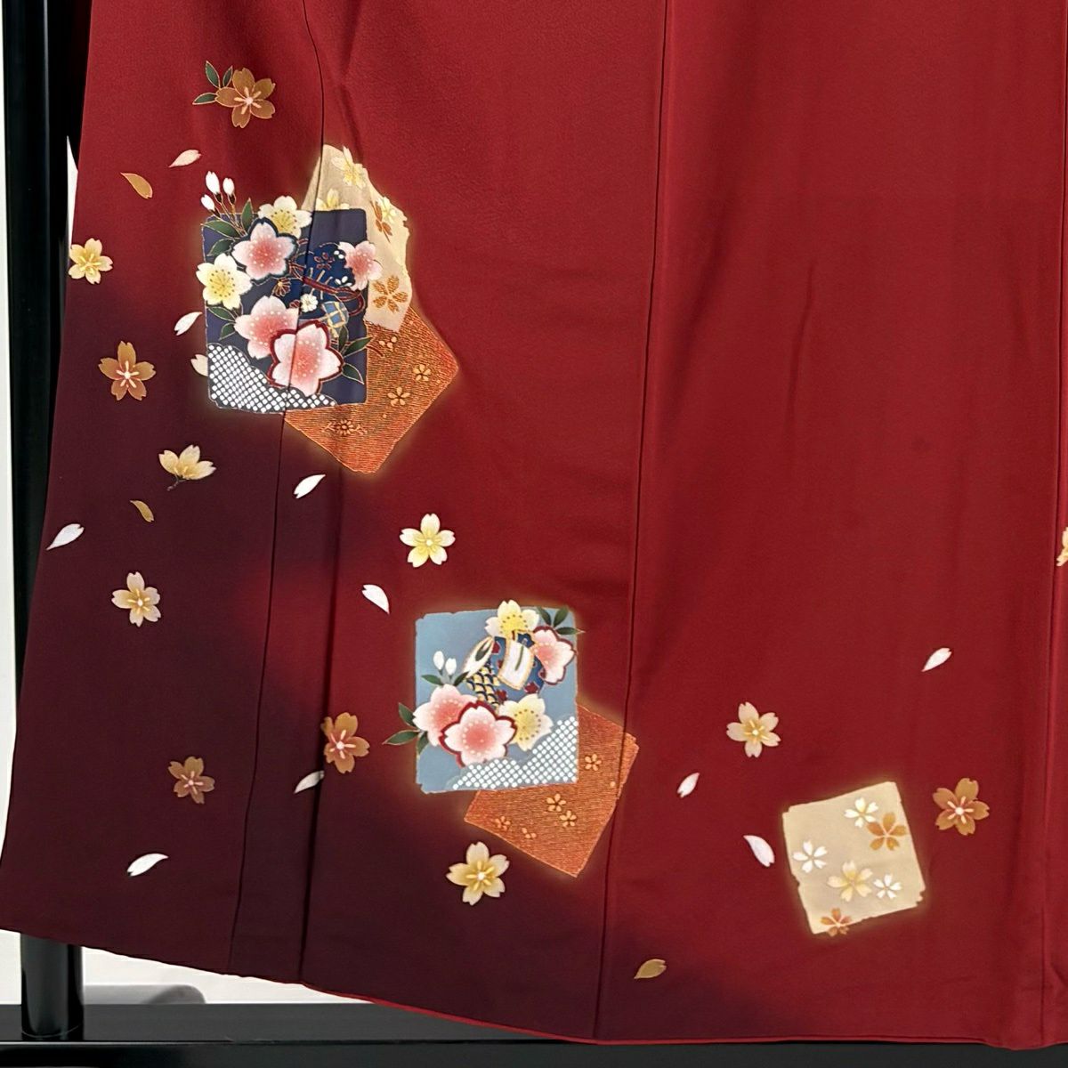 振袖禮服 身長156cm 袖長64cm M 雙層 破れ色紙 櫻花 金銀彩 漸層 茜 純蠶絲 秀品級