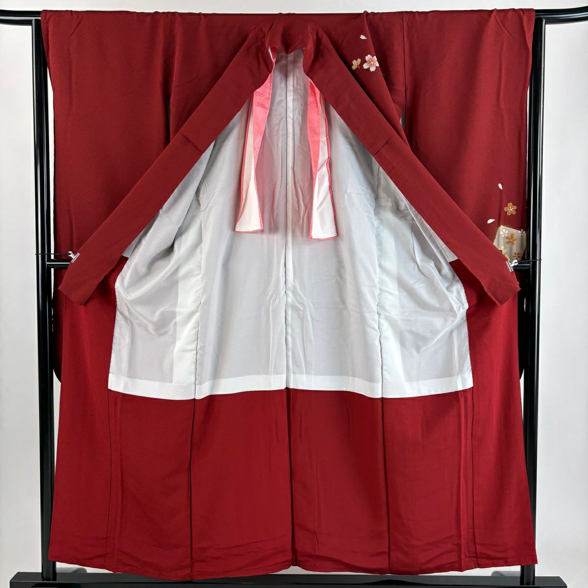 振袖禮服 身長156cm 袖長64cm M 雙層 破れ色紙 櫻花 金銀彩 漸層 茜 純蠶絲 秀品級