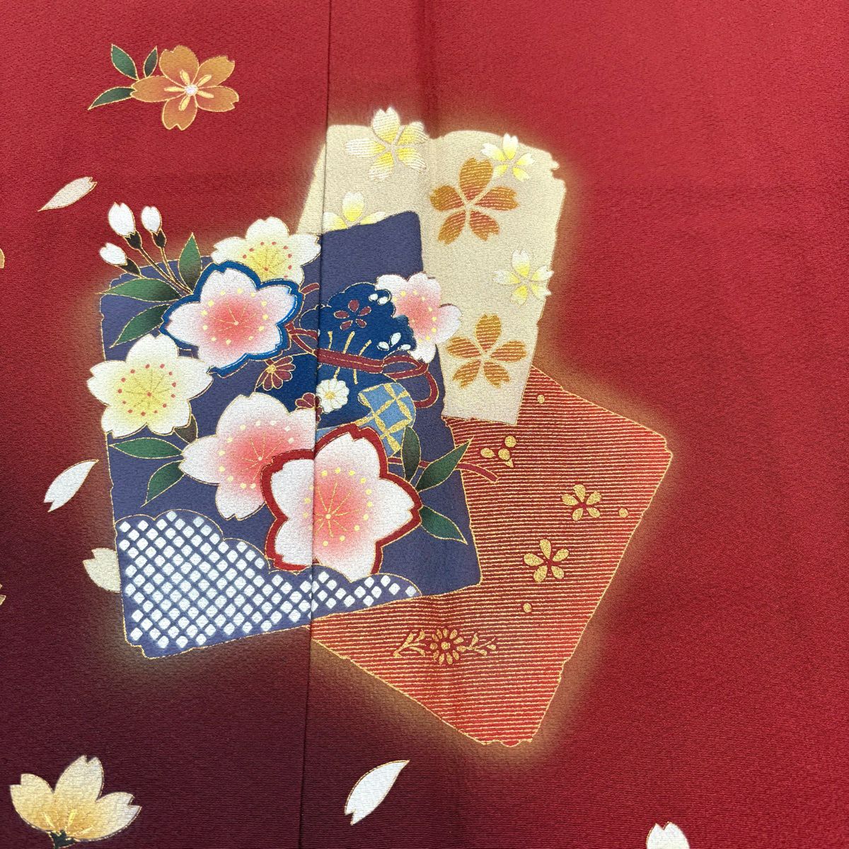 振袖禮服 身長156cm 袖長64cm M 雙層 破れ色紙 櫻花 金銀彩 漸層 茜 純蠶絲 秀品級