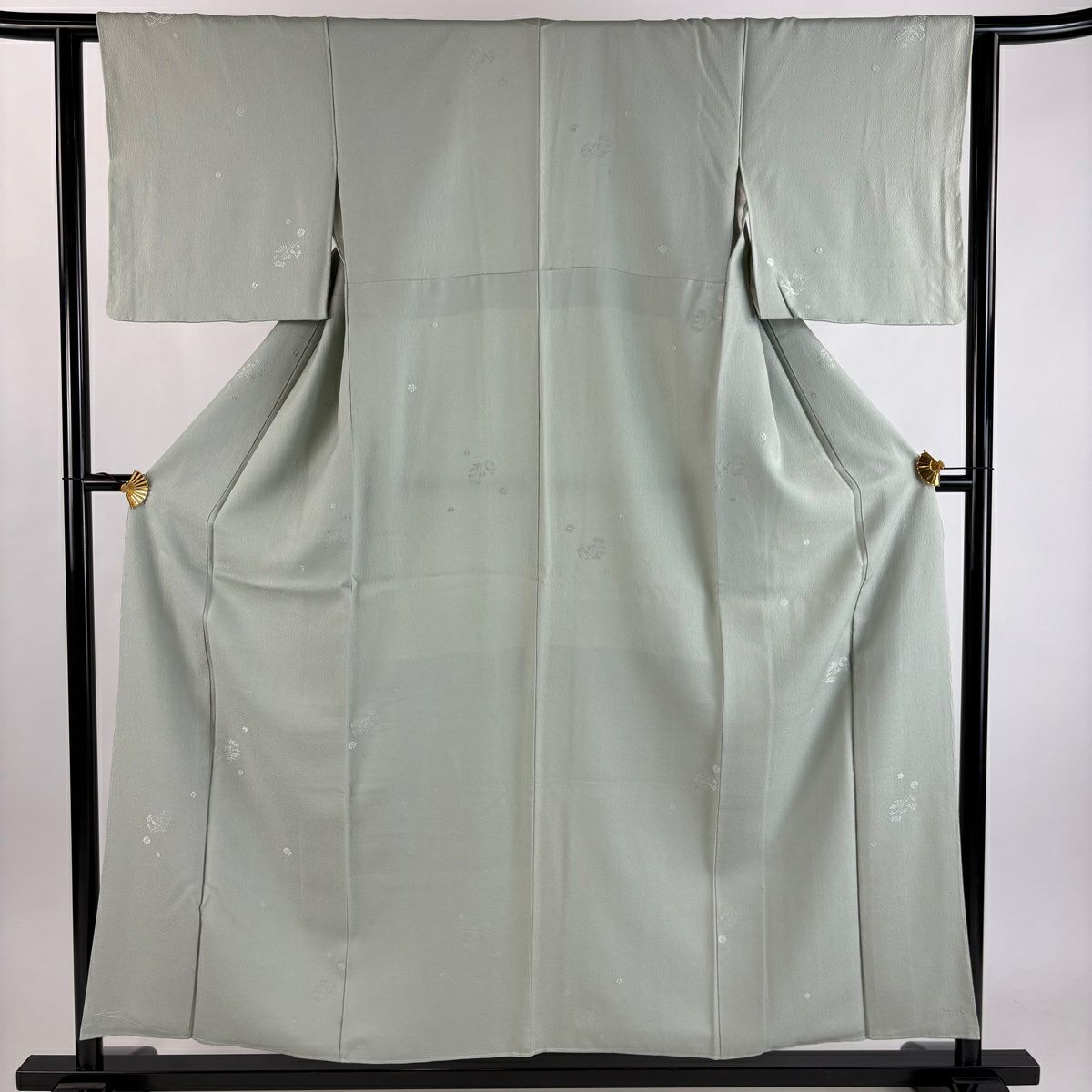 小紋 身長155.5cm 袖長61.5cm S 雙層 菊花 草花紋紋 刺繡 灰綠 純蠶絲 秀品級