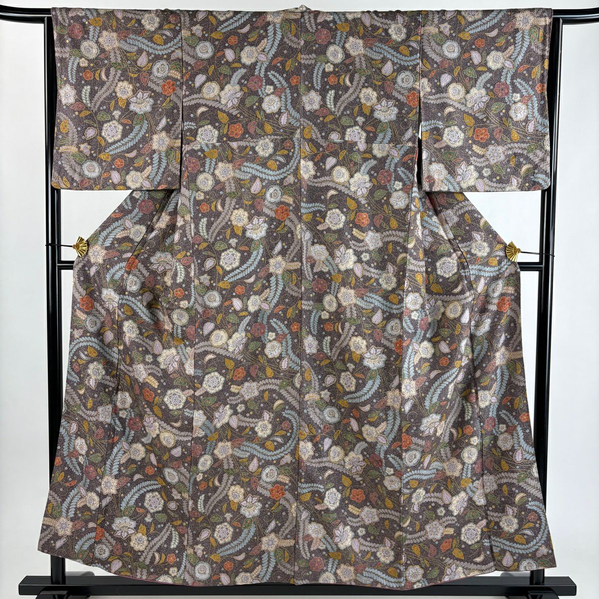 【美品】 小紋 身長156cm 袖長64cm M 雙層 草花紋紋 金彩裝飾 紫 純蠶絲 秀品級