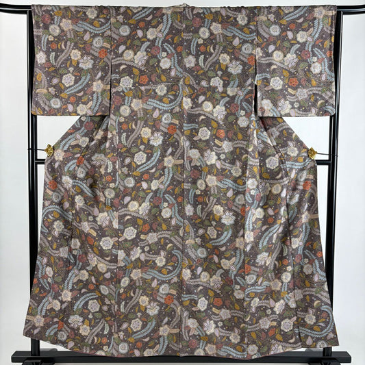 【美品】 小紋 身長156cm 袖長64cm M 雙層 草花紋紋 金彩裝飾 紫 純蠶絲 秀品級