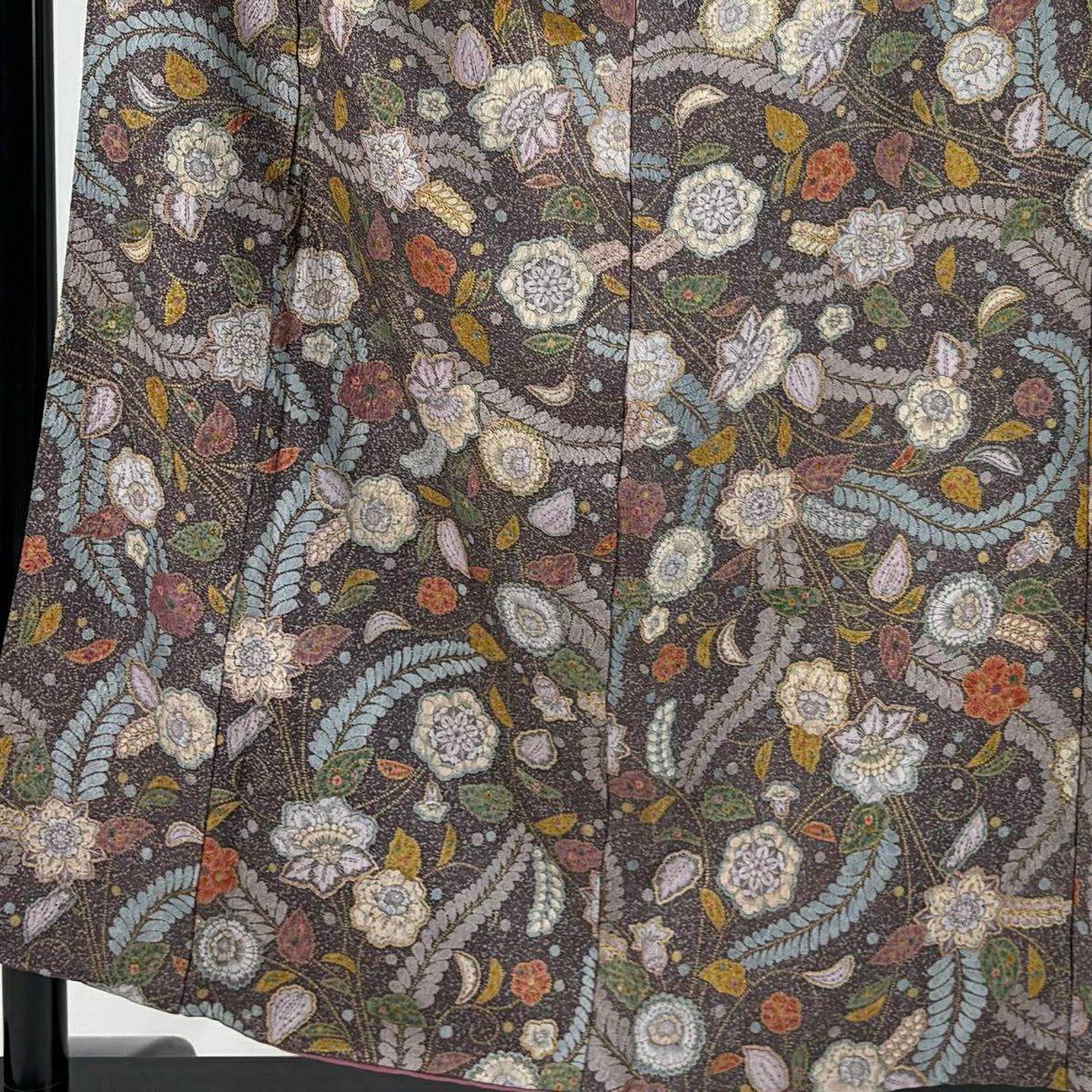 【美品】 小紋 身長156cm 袖長64cm M 雙層 草花紋紋 金彩裝飾 紫 純蠶絲 秀品級