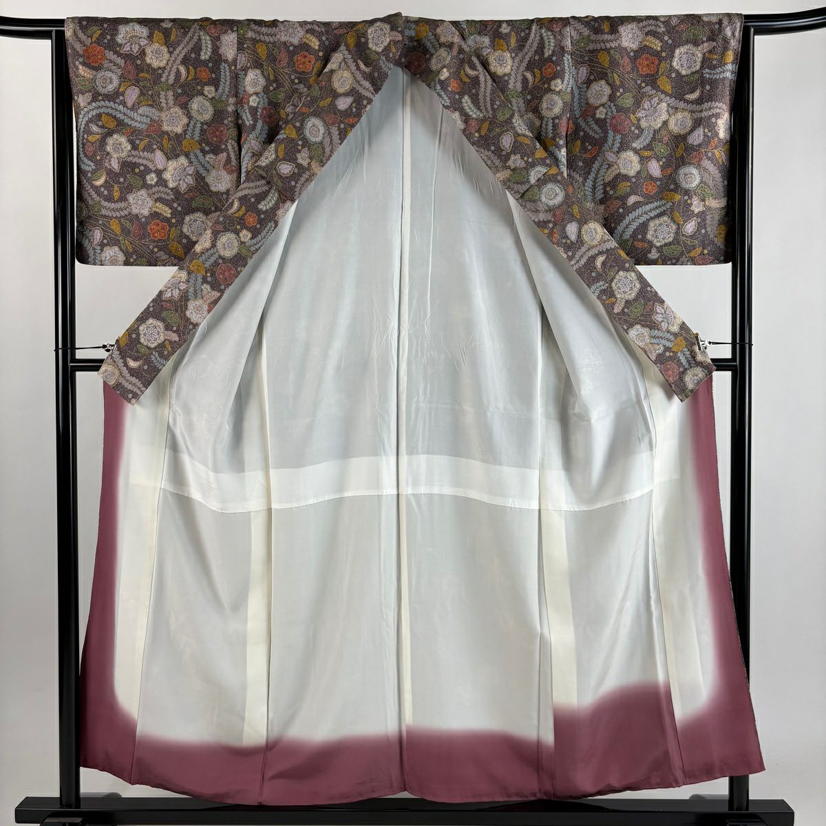 【美品】 小紋 身長156cm 袖長64cm M 雙層 草花紋紋 金彩裝飾 紫 純蠶絲 秀品級