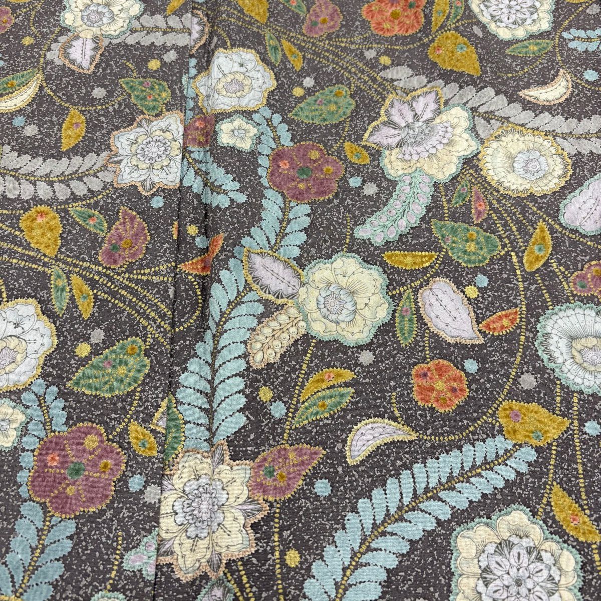 【美品】 小紋 身長156cm 袖長64cm M 雙層 草花紋紋 金彩裝飾 紫 純蠶絲 秀品級