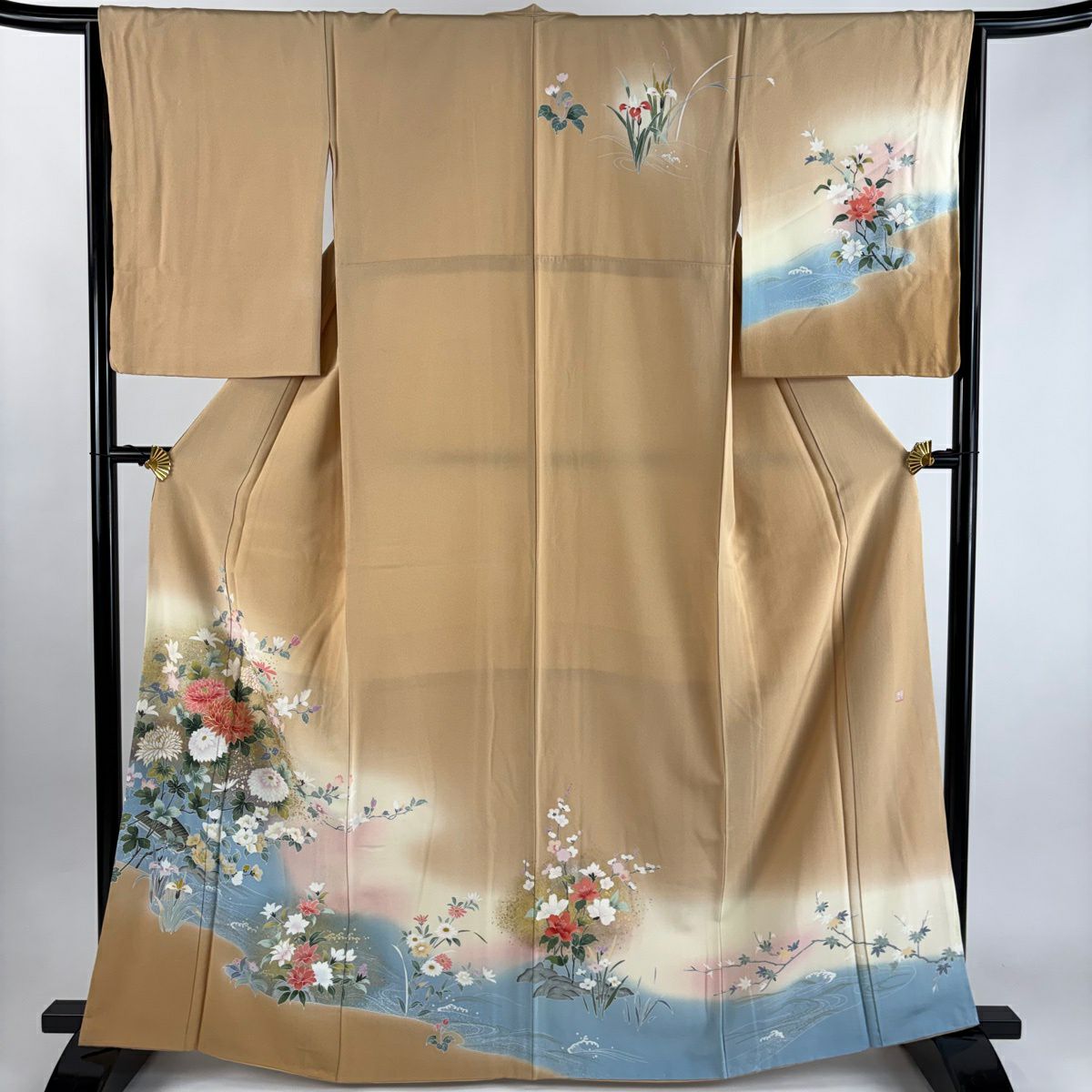 訪問服 身長164.5cm 袖長64cm M 雙層 落款 草花紋紋 流水 金銀彩 漸層 米色 純蠶絲 優品級