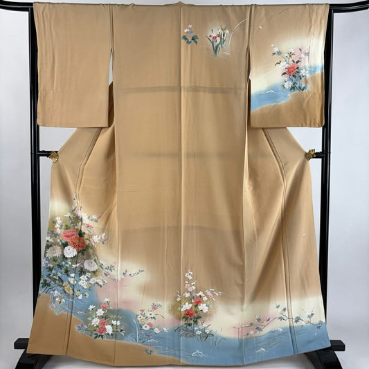 訪問服 身長164.5cm 袖長64cm M 雙層 落款 草花紋紋 流水 金銀彩 漸層 米色 純蠶絲 優品級