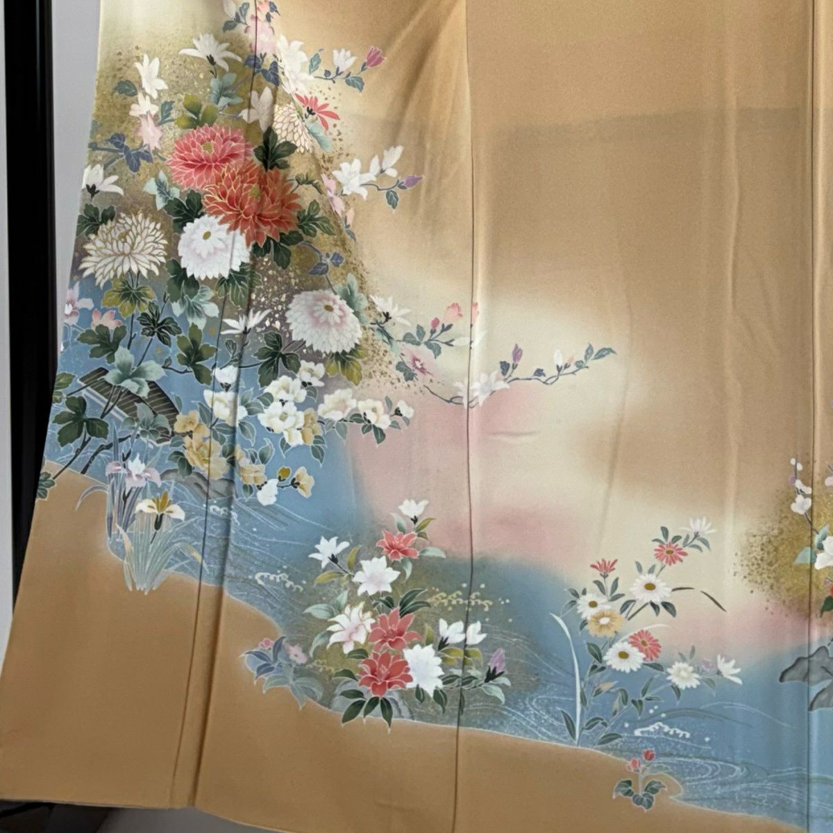 訪問服 身長164.5cm 袖長64cm M 雙層 落款 草花紋紋 流水 金銀彩 漸層 米色 純蠶絲 優品級