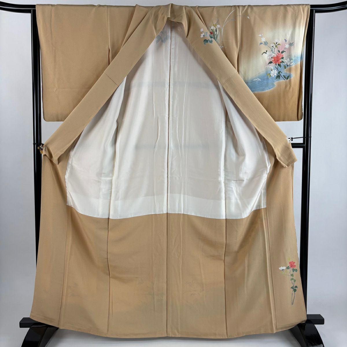 訪問服 身長164.5cm 袖長64cm M 雙層 落款 草花紋紋 流水 金銀彩 漸層 米色 純蠶絲 優品級