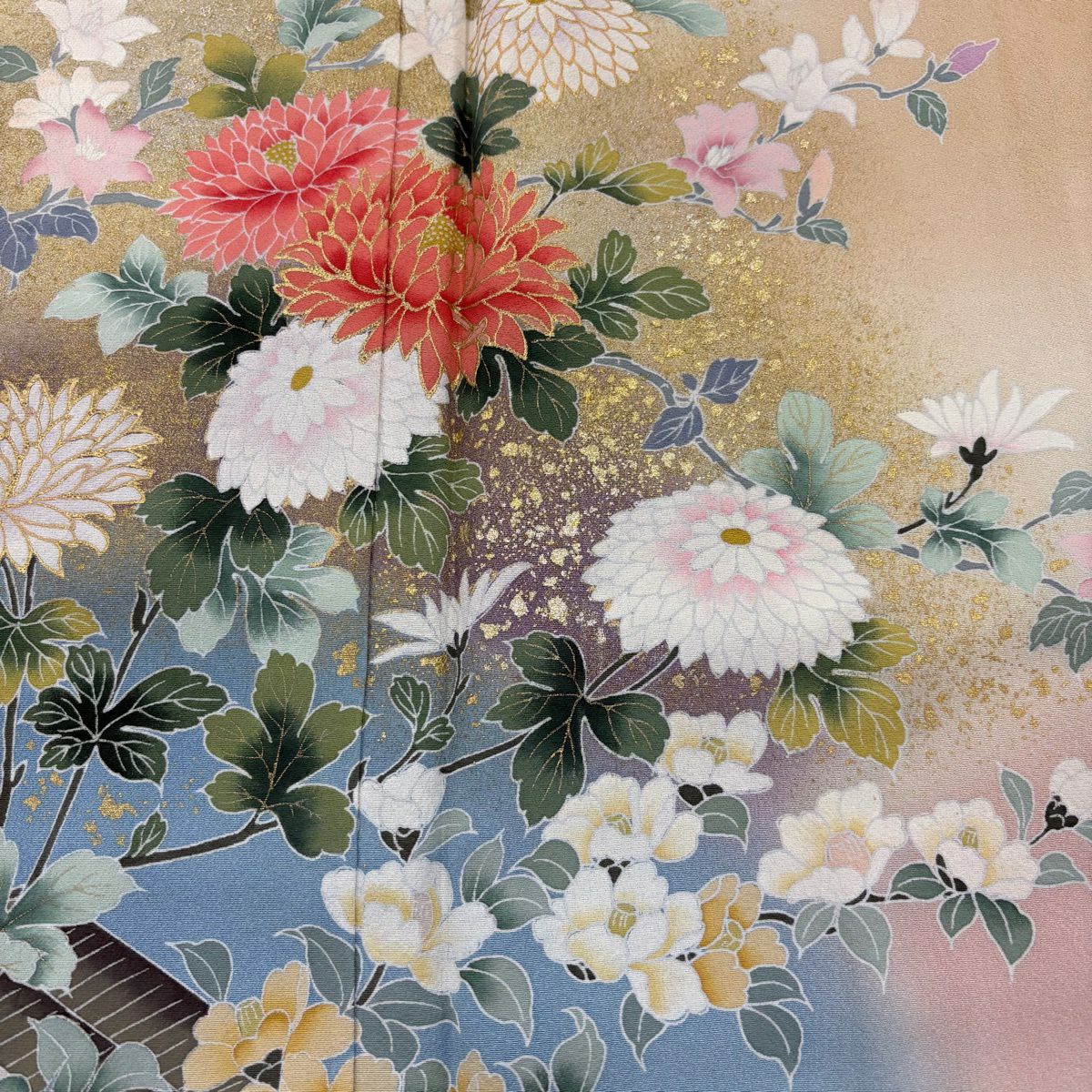 訪問服 身長164.5cm 袖長64cm M 雙層 落款 草花紋紋 流水 金銀彩 漸層 米色 純蠶絲 優品級