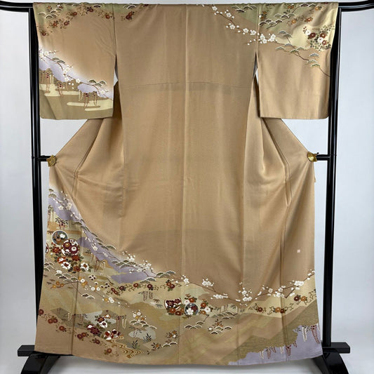 【美品】訪問服 身長164cm 袖長64.5cm M 雙層 落款あり 草花紋紋 松樹竹子梅花 金銀彩 淺茶 純蠶絲 秀品級