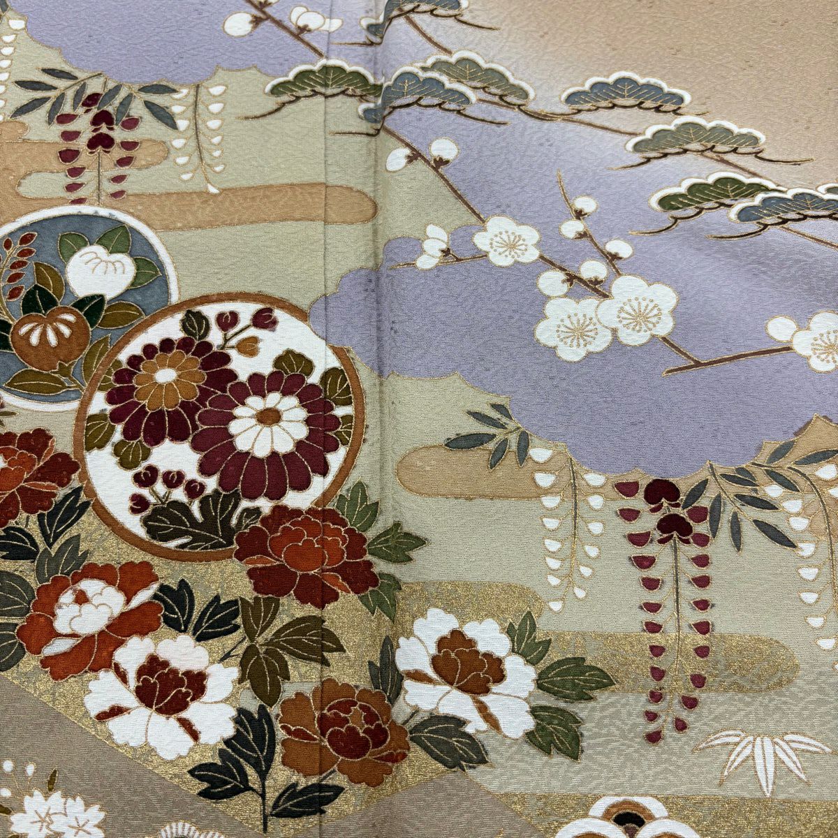 【美品】訪問服 身長164cm 袖長64.5cm M 雙層 落款あり 草花紋紋 松樹竹子梅花 金銀彩 淺茶 純蠶絲 秀品級