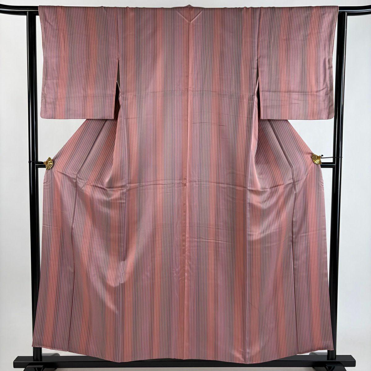 【美品】 小紋 身長155.5cm 袖長61.5cm S 雙層 落款あり 縦縞 薄紫 純蠶絲 秀品級