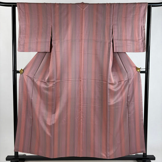 【美品】 小紋 身長155.5cm 袖長61.5cm S 雙層 落款あり 縦縞 薄紫 純蠶絲 秀品級