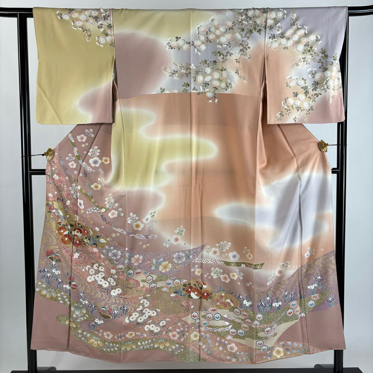 【美品】訪問服 身長152cm 袖長63cm S 雙層 草花紋紋 鴛鴦 金絲 金銀彩 淡紫 純蠶絲 秀品級