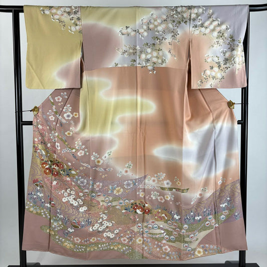 【美品】訪問服 身長152cm 袖長63cm S 雙層 草花紋紋 鴛鴦 金絲 金銀彩 淡紫 純蠶絲 秀品級