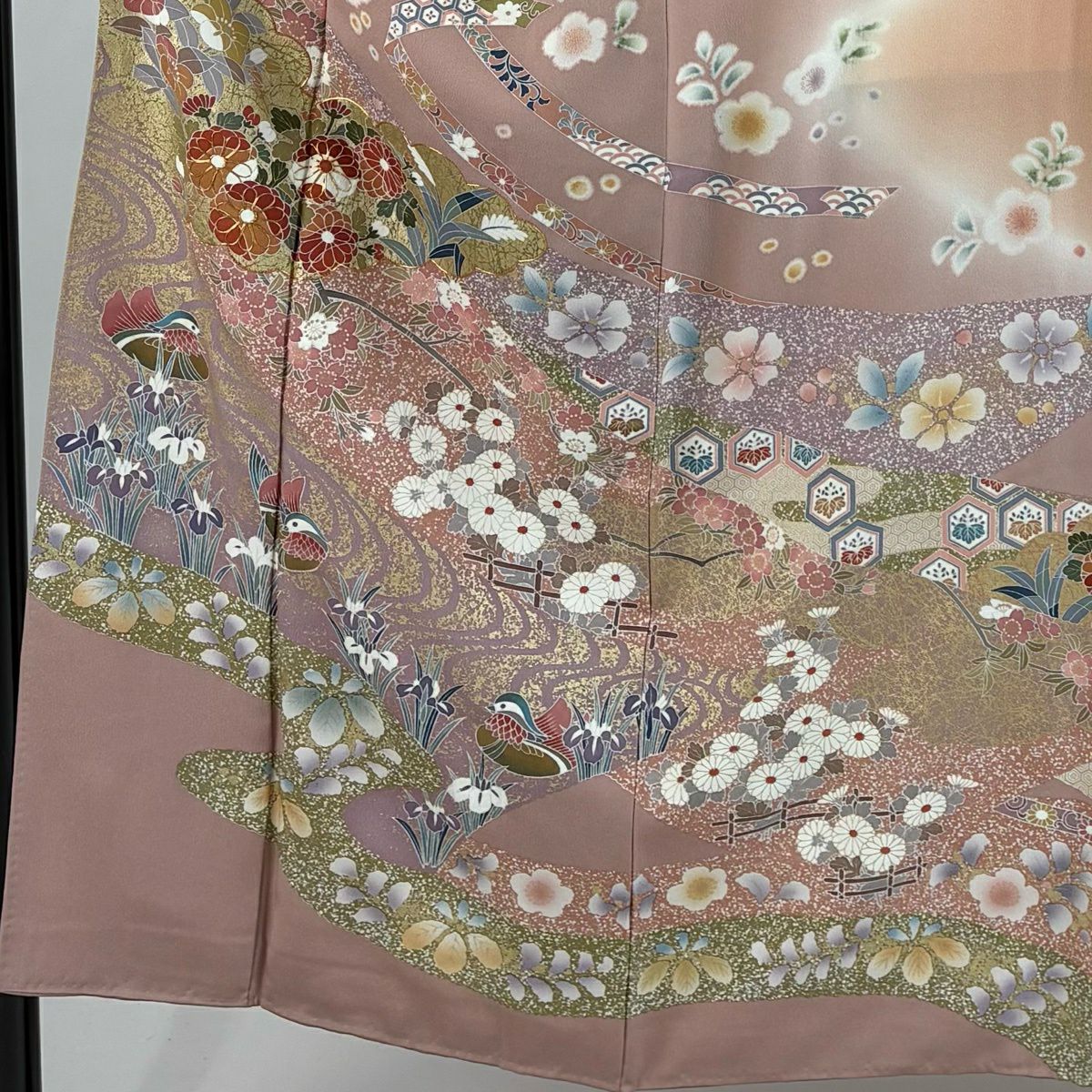 【美品】訪問服 身長152cm 袖長63cm S 雙層 草花紋紋 鴛鴦 金絲 金銀彩 淡紫 純蠶絲 秀品級