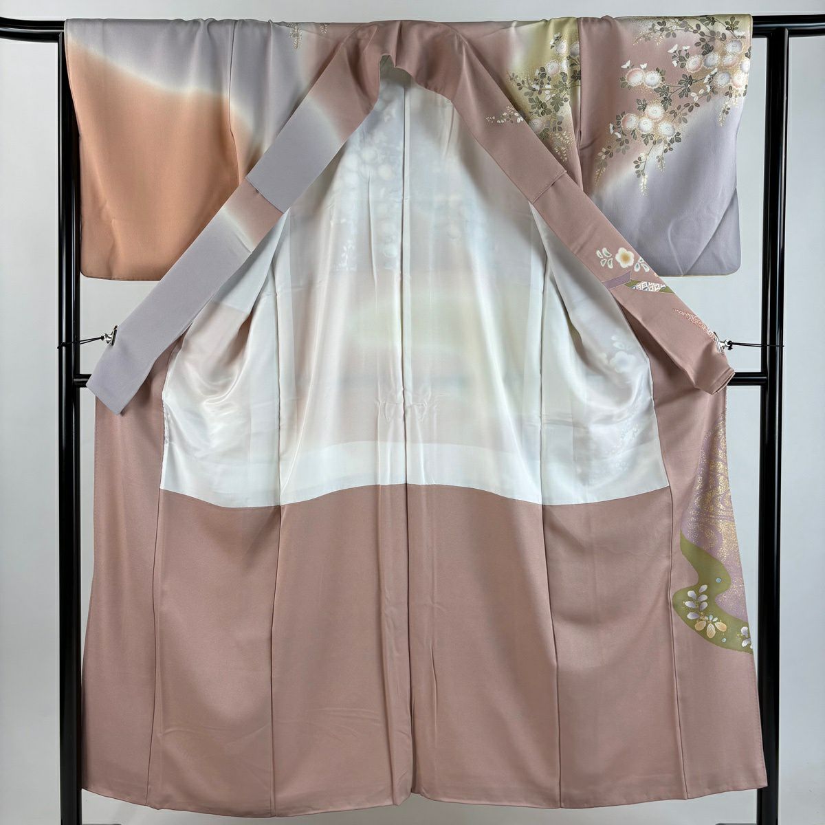 【美品】訪問服 身長152cm 袖長63cm S 雙層 草花紋紋 鴛鴦 金絲 金銀彩 淡紫 純蠶絲 秀品級
