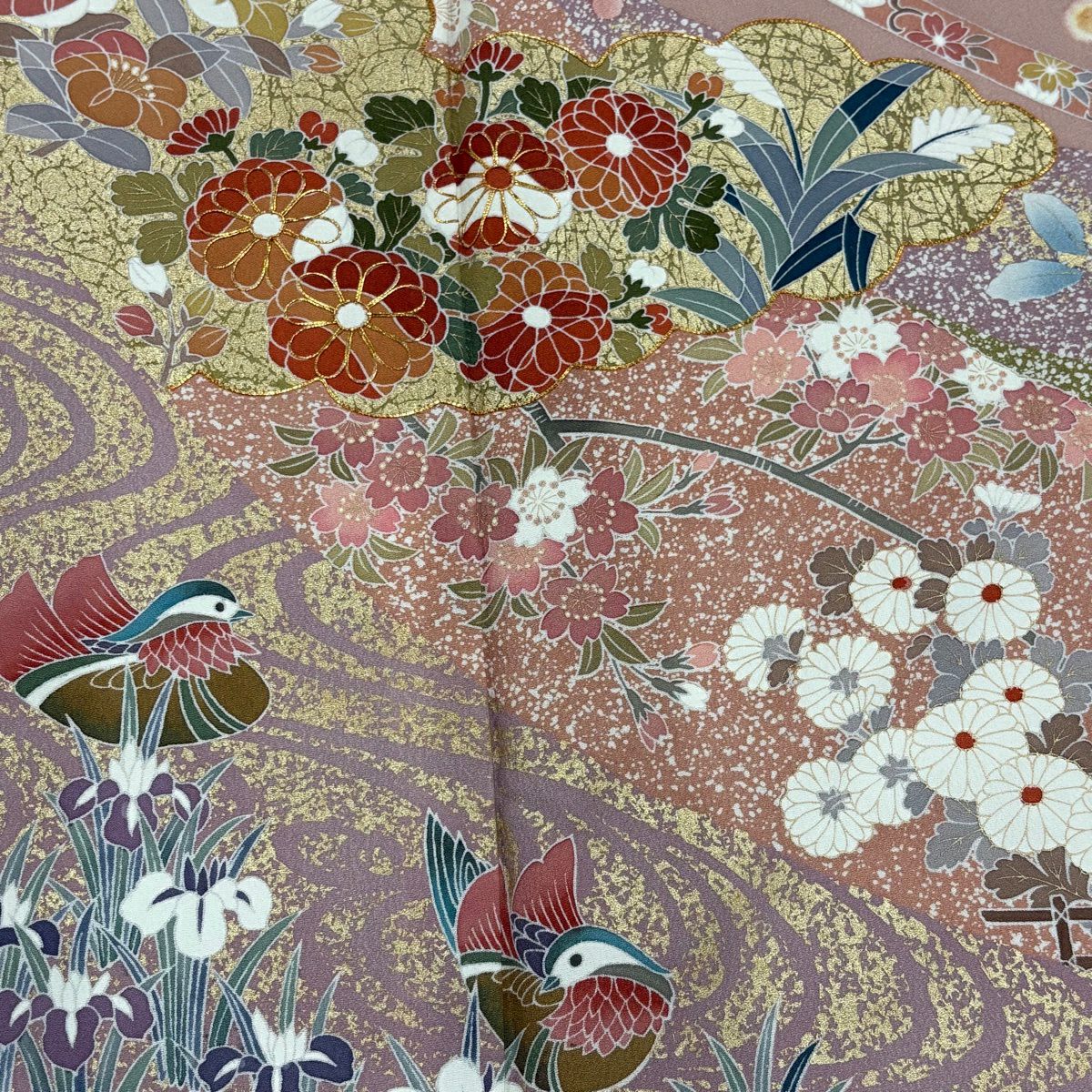 【美品】訪問服 身長152cm 袖長63cm S 雙層 草花紋紋 鴛鴦 金絲 金銀彩 淡紫 純蠶絲 秀品級