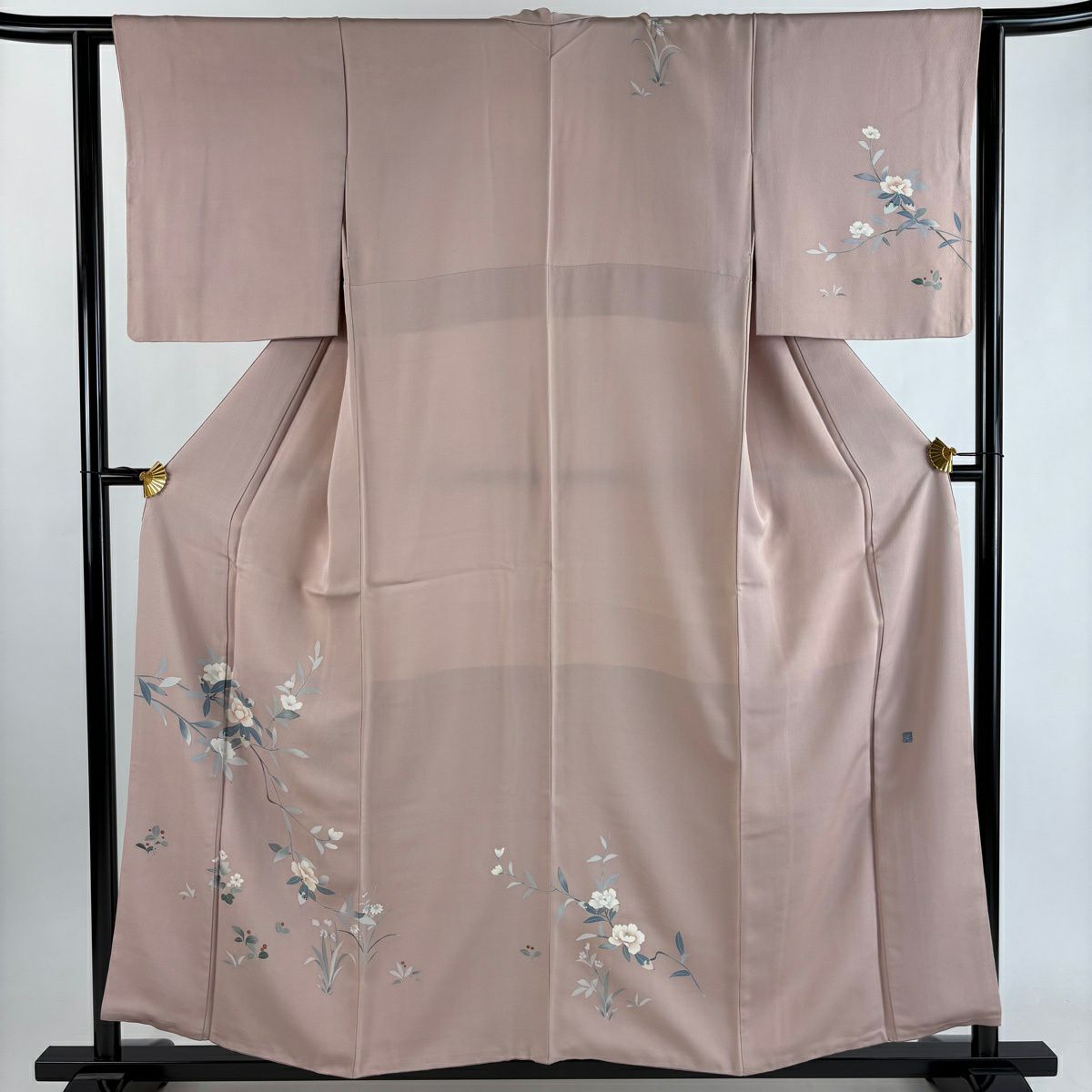 付下 身長157cm 袖長61.5cm S 雙層 落款有 枝花 草花紋紋 薄小豆 純蠶絲 秀品級