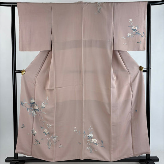 付下 身長157cm 袖長61.5cm S 雙層 落款有 枝花 草花紋紋 薄小豆 純蠶絲 秀品級