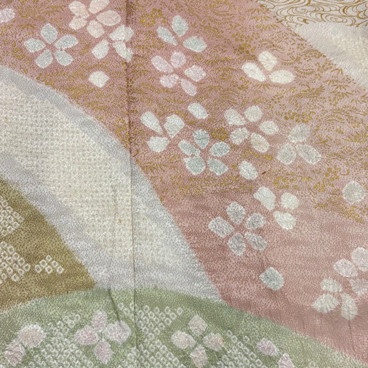 訪問服 身長167cm 袖長68.5cm L 雙層 花 観世水 絞染 金彩裝飾 灰綠 純蠶絲 秀品級