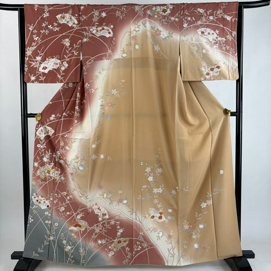 訪問服 身長162cm 袖長64cm M 雙層 落款有 扇子面 草花紋紋 金絲 金銀彩 深粉紅 純蠶絲 優秀品級