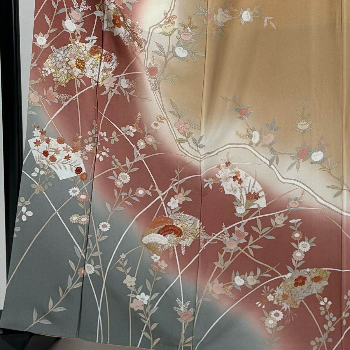 訪問服 身長162cm 袖長64cm M 雙層 落款有 扇子面 草花紋紋 金絲 金銀彩 深粉紅 純蠶絲 優秀品級
