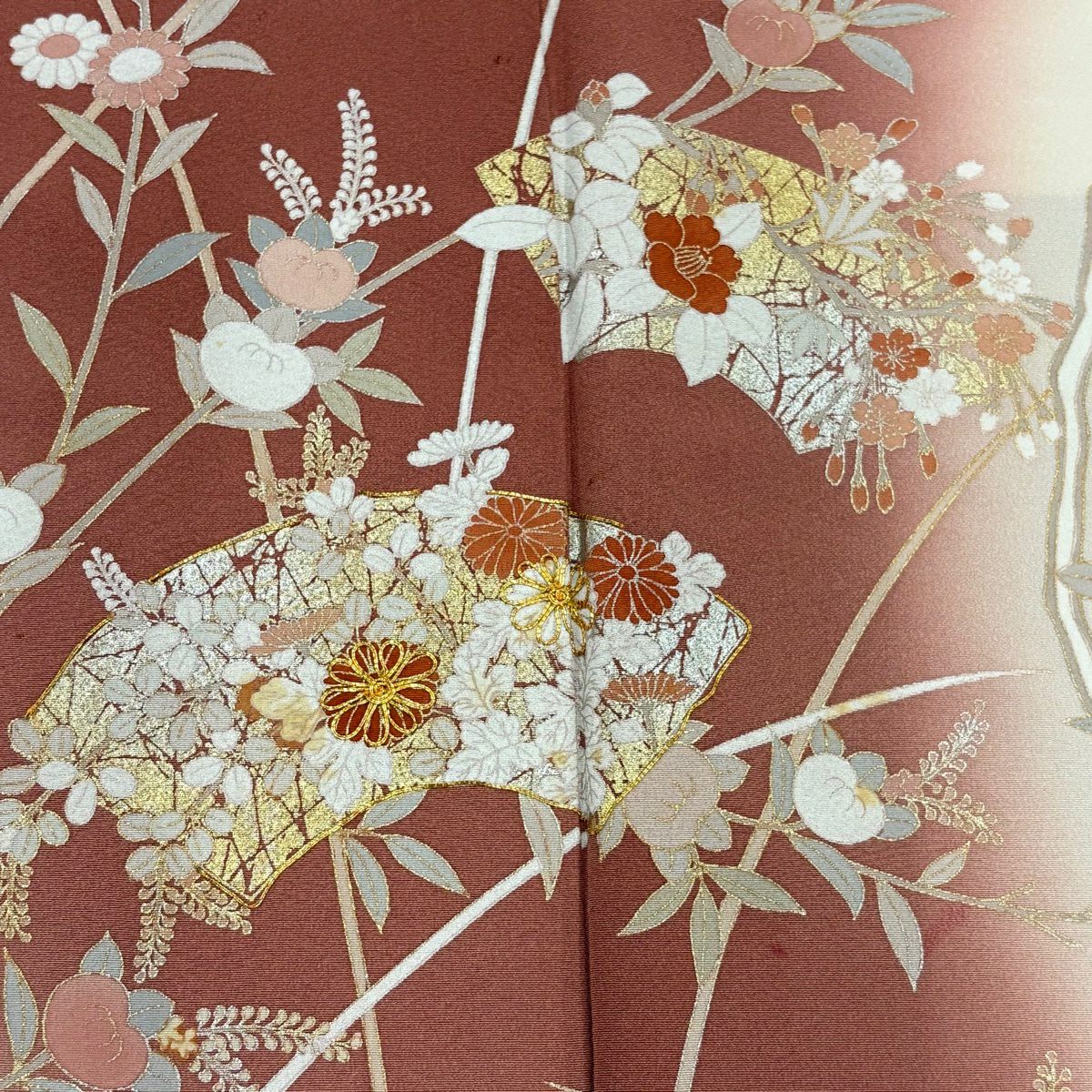 訪問服 身長162cm 袖長64cm M 雙層 落款有 扇子面 草花紋紋 金絲 金銀彩 深粉紅 純蠶絲 優秀品級