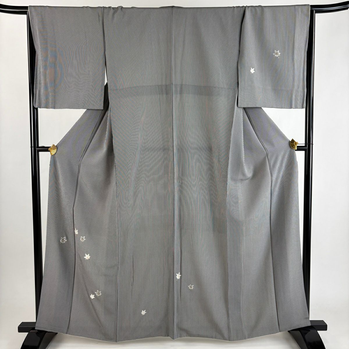 【美品】 付下 身長162.5cm 袖長67.5cm L 雙層 楓樹 縱條 刺繡 金線 黑灰 純蠶絲 優品級