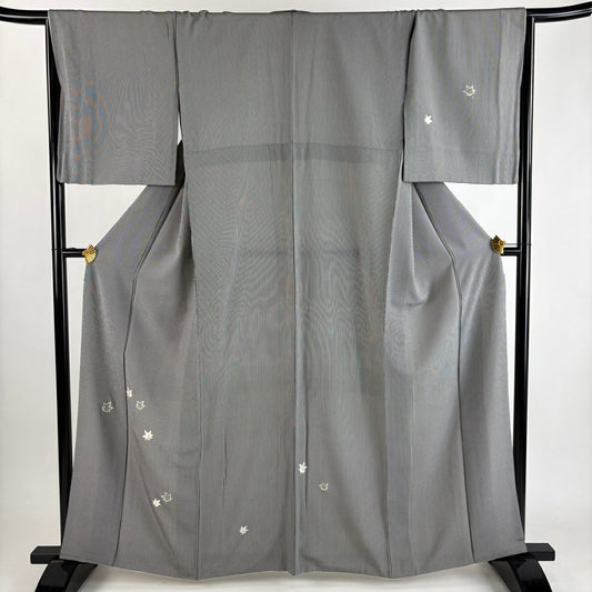 【美品】 付下 身長162.5cm 袖長67.5cm L 雙層 楓樹 縱條 刺繡 金線 黑灰 純蠶絲 優品級