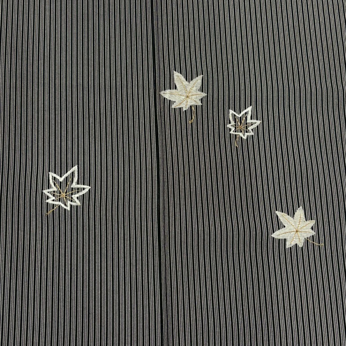 【美品】 付下 身長162.5cm 袖長67.5cm L 雙層 楓樹 縱條 刺繡 金線 黑灰 純蠶絲 優品級